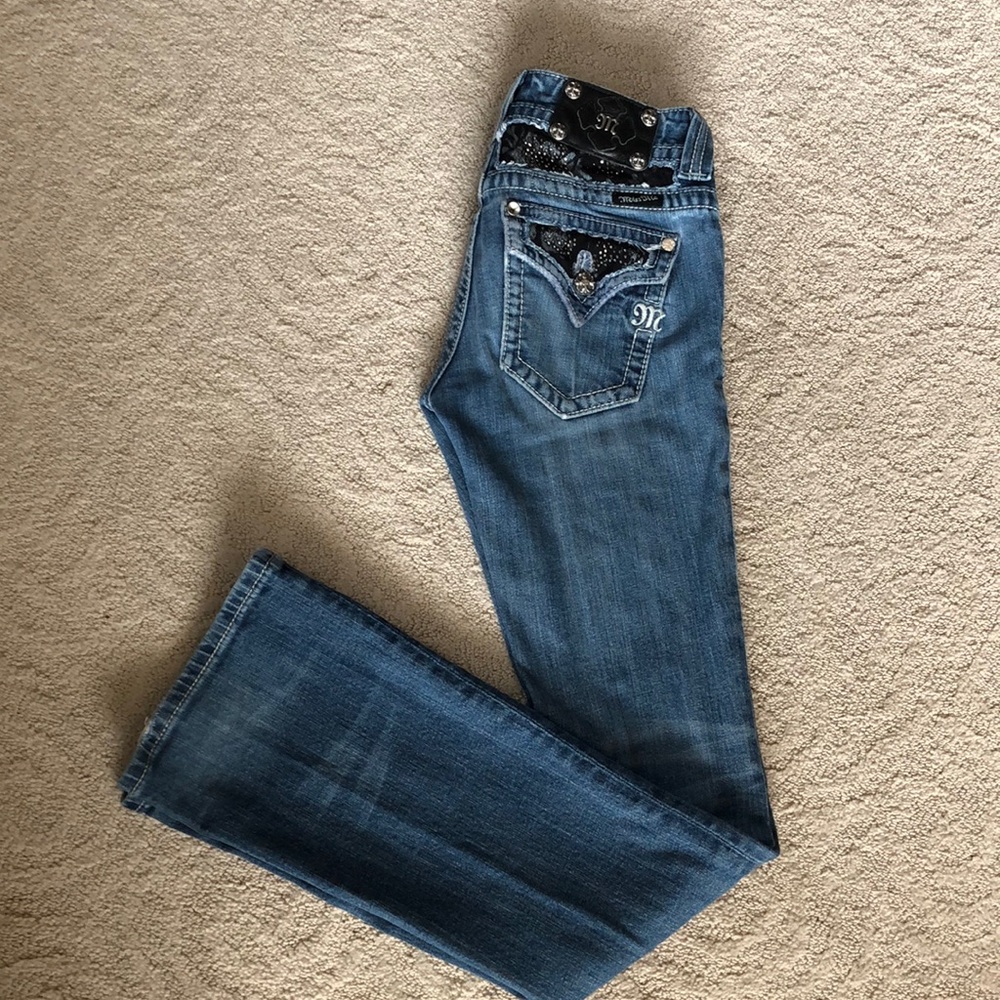 Miss Me Sz 26 bootcut jeans with black lace back waistband/pocket cutouts, GUC!